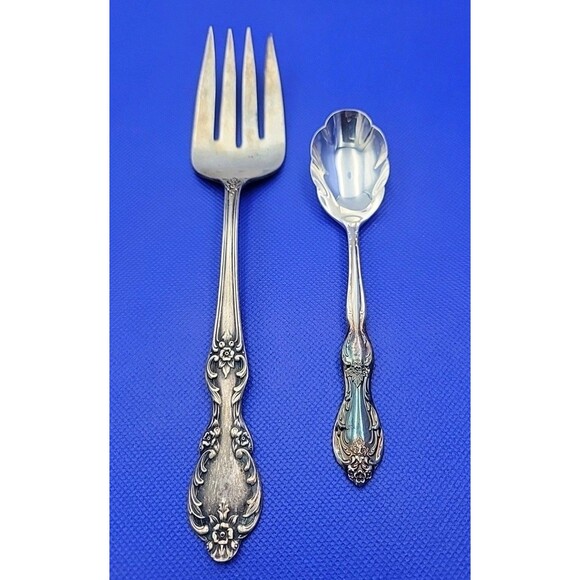 Antique  Wm Rogers Mfg Extra Plate Silver Large Serving Fork 9" W Small Spoon - Picture 1 of 9